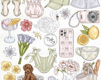 Spring Coquette Aesthetic Illustrated Clipart Digital Stickers Icons for bujo Pastel Cute Trendy Fashion Lifestyle Elements Icons Graphics