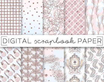 Pink Rose Gold Glitter Scrapbook Paper: Floral Glam Patterns (Digital Download)