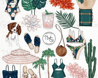 Può includere: Una collezione di illustrazioni a tema estivo, tra cui un costume da bagno, un cactus, una palma, un cocktail, un cane, una valigia, una borsa di paglia, sandali e un ombrello da spiaggia. Le illustrazioni sono in stile cartone animato e sono su sfondo bianco.