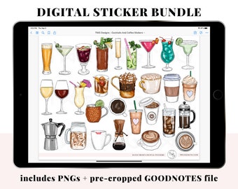 Cocktails and Coffee Digital Planner Stickers Bundle - Illustrated Clipart PNG icons and precropped Goodnotes file for digital planning deco