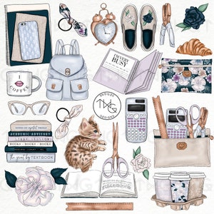 Watercolor School Clip Art: Fashion, Cat, Coffee, Planner Graphics