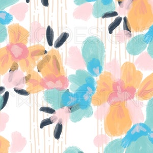 Op de afbeelding: Abstract bloemenpatroon op een witte achtergrond. De bloemen zijn geschilderd in tinten roze, oranje, blauw en groen. Het patroon wordt herhaald over de hele afbeelding.