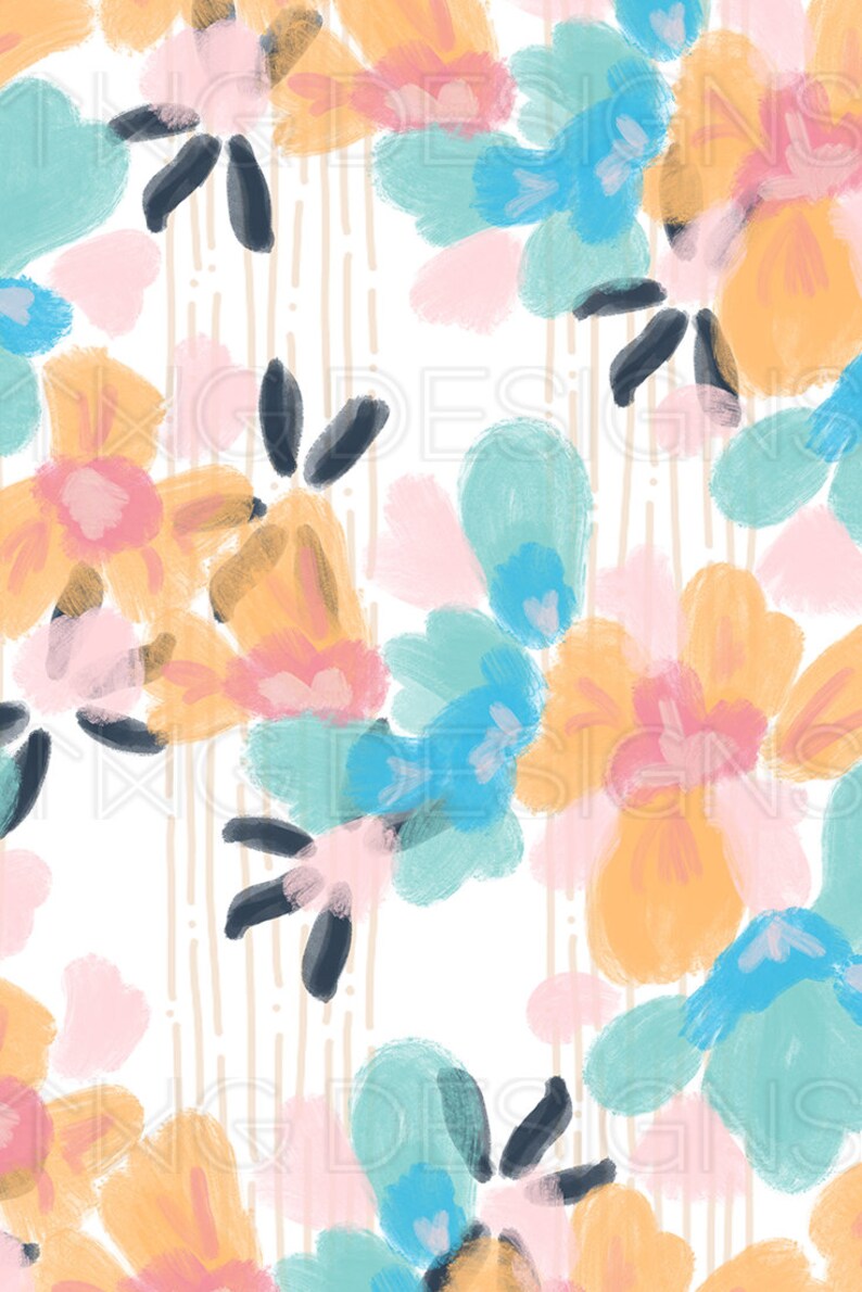 Op de afbeelding: Abstract bloemenpatroon op een witte achtergrond. De bloemen zijn geschilderd in tinten roze, oranje, blauw en groen. Het patroon wordt herhaald over de hele afbeelding.