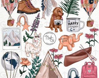 Puede incluir: Una colección de ilustraciones con temática de camping, que incluye un globo aerostático, una llama, una tienda de campaña, una canoa, una taza que dice "Happy Camper", una mochila, una cordillera montañosa, una flor, una estrella, un arcoíris, una pluma, un par de botas, un cachorro y una alcancía de elefante que dice "Adventure Fund".