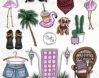 Desert Palm Springs Fashion Girl Clip Art Watercolor Clipart PNG Puppy Flamingo Hand Drawn Illustration Planner Sticker Graphics Trendy OOTD