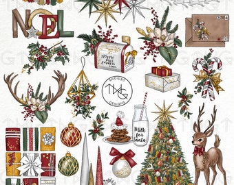 Christmas Watercolor Clipart: Holiday Fashion Girl, Mistletoe, Gold Glitter (PNG)
