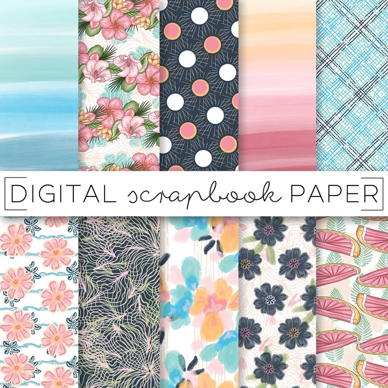 Op de afbeelding: Set van 10 digitale scrapbook-papieren met verschillende patronen, waaronder bloemen, stippen, geometrische patronen en aquarelontwerpen. De papieren zijn in verschillende kleuren, waaronder blauw, roze, wit en zwart.
