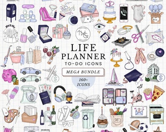 Life Planner Icons Clipart MEGA Bundle Hand Drawn Digital Stickers for Planners | To-Do List Tasks Deco Icons hi-res PNGS for Commercial Use