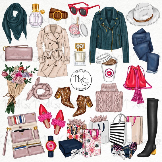 Automne Fashion Girl Clip Art Aquarelle Clipart Shopping Outfit Flowers Autumn Clothing Accessories Shop Hand Drawn Planner Sticker Graphics Etsy France
