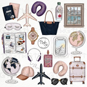 Travel Fashion Girl Clip Art Watercolor Clipart PNG Wanderlust Adventure Gold Glitter Glam Hand Drawn Illustration Planner Sticker Graphics