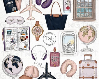 Travel Fashion Girl Clip Art Watercolor Clipart PNG Wanderlust Adventure Gold Glitter Glam Hand Drawn Illustration Planner Sticker Graphics