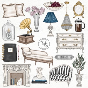 Vintage Chic French Home Decor Illustrated Clipart Digital Stickers Icons Journaling Flowers Coffee Chateau Aesthetic Planner Icons Graphics