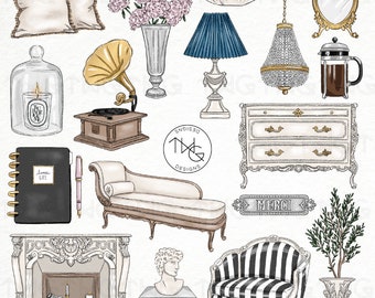 French Chateau Clipart: Vintage Home Decor Graphics (Digital Download)