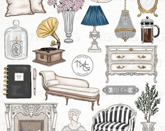 Vintage Chic French Home Decor Illustrated Clipart Digital Stickers Icons Journaling Flowers Coffee Chateau Aesthetic Planner Icons Graphics