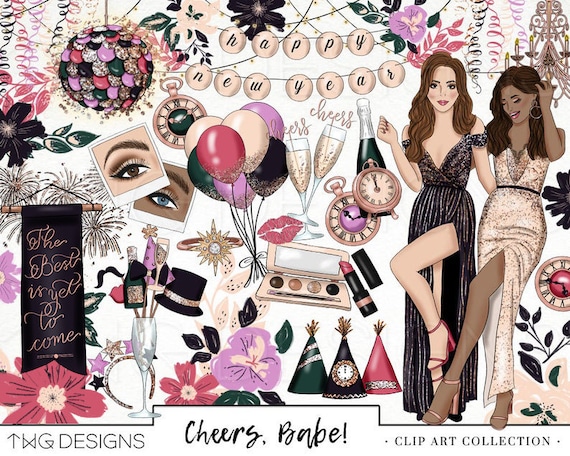 New Years Eve Fashion Clipart: Glitter Glam Watercolor PNG (Digital Download)