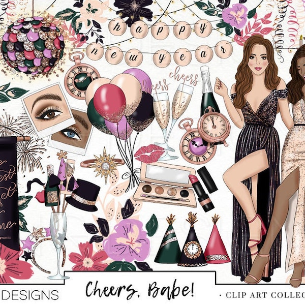 New Years Eve Fashion Clipart: Glitter Glam Watercolor PNG (Digital Download)