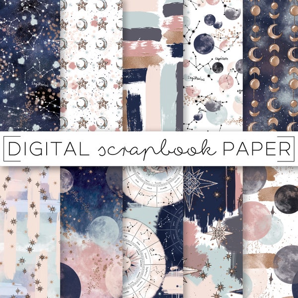 Watercolor Galaxy Digital Scrapbook Paper: Navy, Mauve, Gold (Digital Download)