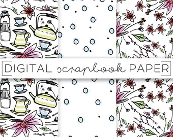 Tea Party Floral Digital Scrapbook Paper: Hand Drawn Doodles (Digital Download)