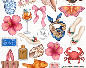 Italian Summer Aesthetic Illustrated Clipart Digital Stickers Icons for bujo Cute Trendy Fashion Lifestyle Elements Icons Graphics
