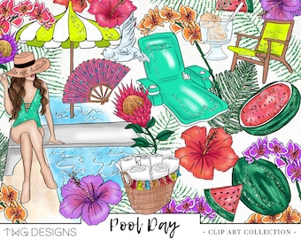 Tropical Pool Fashion Girl Clip Art Watercolor Clipart PNG Summer Flower Hand Drawn Babe Illustration Planner Sticker Graphics Basic License