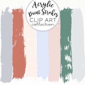 Puede incluir: Un conjunto de seis imágenes digitales de clip art que presentan trazos de pintura acrílica abstracta en varios colores, incluidos el gris, el azul claro, el beige, el rosa y el verde. El texto "Acrylic Paint Strokes Clip Art Collection" se muestra en un círculo en la parte superior de la imagen.