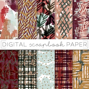Puede incluir: Conjunto de 10 papeles digitales para scrapbooking con patrones de oto&ntilde;o en tonos rojos, marrones, dorados y blancos. Los patrones incluyen cuadros, lunares, hojas y dise&ntilde;os abstractos. El texto "DIGITAL scrapbook PAPER" est&aacute; incluido en la imagen.