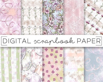 May include: A set of 10 digital scrapbook papers featuring floral patterns, stripes, and abstract designs in shades of pink, blue, and green. The papers are perfect for creating cards, invitations, and other paper crafts.