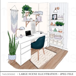 Girlboss Desk Dorm Room Office Scene Art Print Illustration Digital Back to School Home Decor Boho Hand Drawn Planner Sticker Graphics JPEGS