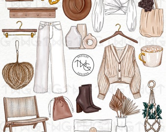 Beige Aesthetic Fashion Boutique Clip Art Watercolor Clipart Outfit Accessories Neutrals Lifestyle Home Shop Decor Shop Hand Drawn Graphics