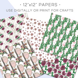 K&ouml;nnte beinhalten: Satz von f&uuml;nf digitalen Papieren im Format 30,5 x 30,5 cm mit floralen und geometrischen Mustern. Die Muster umfassen rosa und wei&szlig;e Punkte, gr&uuml;ne Ranken mit rosa Bl&uuml;ten, burgunderfarbene Bl&uuml;ten mit goldenen Ranken, Hei&szlig;luftballons mit Eiffelt&uuml;rmen und burgunderfarbene Bl&uuml;ten mit gr&uuml;nen Bl&auml;ttern.