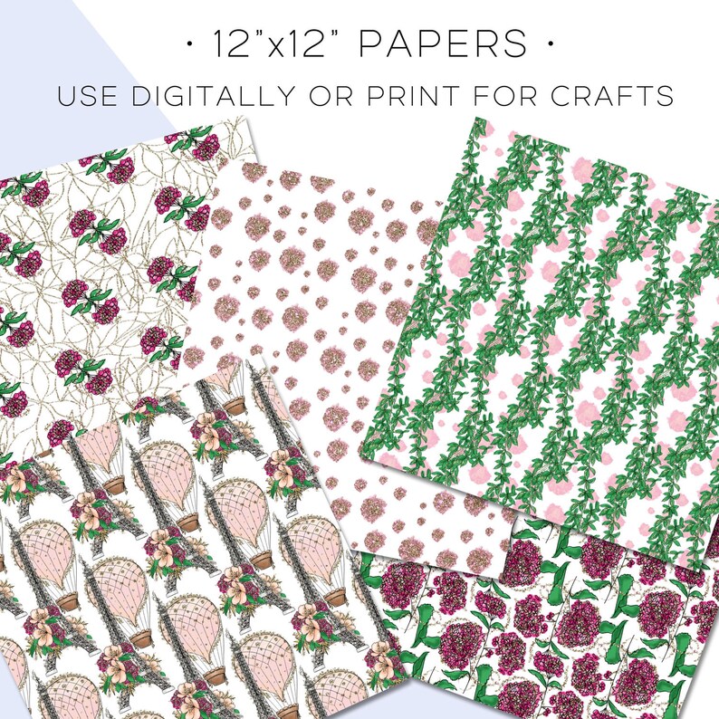 K&ouml;nnte beinhalten: Satz von f&uuml;nf digitalen Papieren im Format 30,5 x 30,5 cm mit floralen und geometrischen Mustern. Die Muster umfassen rosa und wei&szlig;e Punkte, gr&uuml;ne Ranken mit rosa Bl&uuml;ten, burgunderfarbene Bl&uuml;ten mit goldenen Ranken, Hei&szlig;luftballons mit Eiffelt&uuml;rmen und burgunderfarbene Bl&uuml;ten mit gr&uuml;nen Bl&auml;ttern.