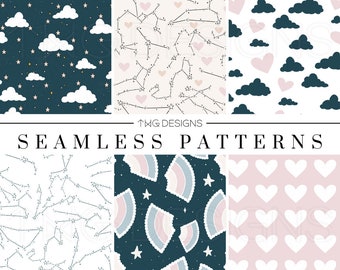 Cute Zodiac Celestial Seamless Patterns Digital Scrapbook Paper Constellations Clouds Hearts Rainbows Repeatable Textile Surface Background