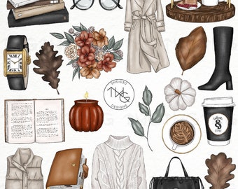 Cozy Fall Fashion Illustrated Clipart Digital Stickers Icons Journaling Stationery Sweaters Leaves Planner Trendy Aesthetic Icons Graphics