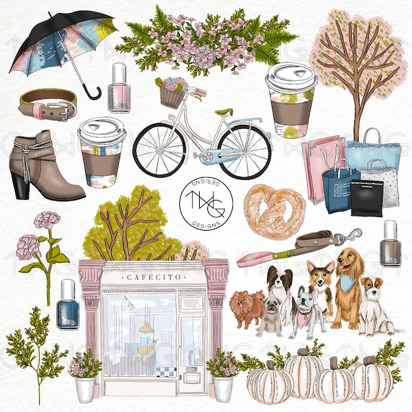 Pastel Fall Fashion Clipart: Watercolor Girl, Dogs, and Silver Glitter (PNG)