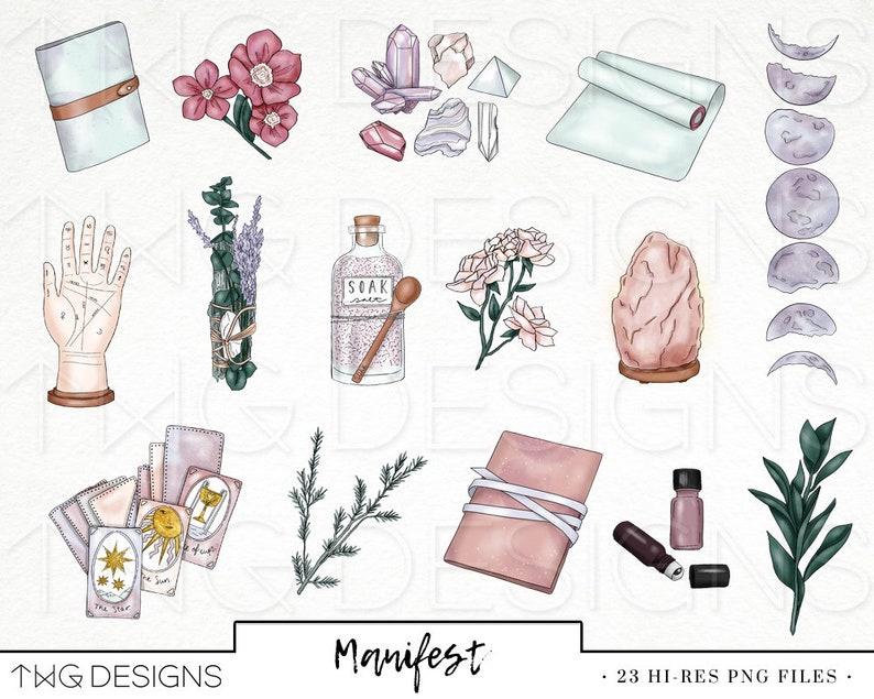 Manifestation Fashion Girl Clip Art Watercolor Clipart Crystals Moon Palmistry Tarot Cards Sage Journal Yoga Hand Drawn Sticker Graphics image 3