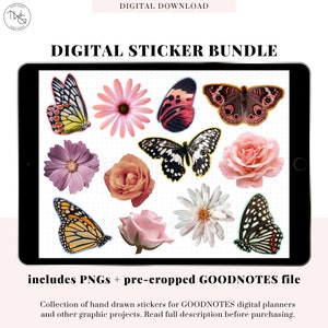 Real Flowers and Butterflies Elements Digital Planner Stickers Bundle - Clipart PNG icons + precropped Goodnotes file digital planning deco
