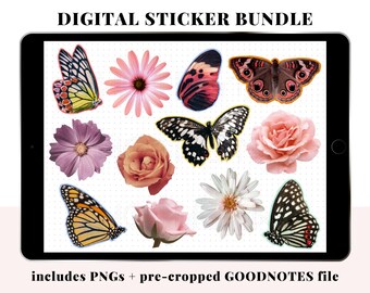 Floral Butterfly Digital Stickers: Planner Clipart Bundle (PNG, Goodnotes)
