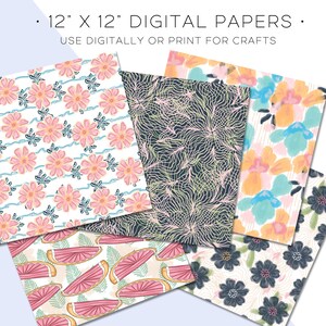 Op de afbeelding: Set van zes digitale papieren van 30,5 x 30,5 cm met verschillende patronen. De patronen omvatten roze bloemen op een witte achtergrond, een zwart-wit geometrisch patroon, een aquarelbloemenpatroon met roze, blauwe en gele bloemen, een watermeloenpatroon en een zwart-wit bloemenpatroon.