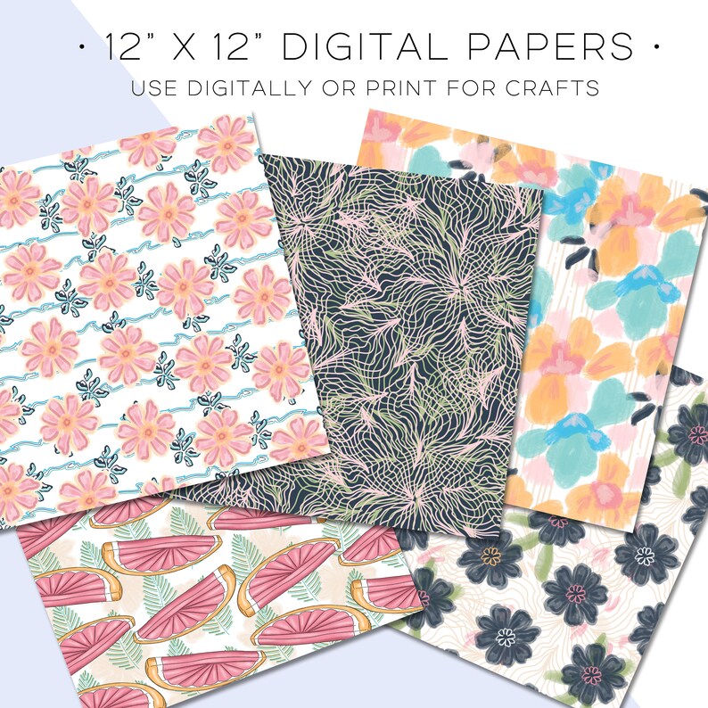 Op de afbeelding: Set van zes digitale papieren van 30,5 x 30,5 cm met verschillende patronen. De patronen omvatten roze bloemen op een witte achtergrond, een zwart-wit geometrisch patroon, een aquarelbloemenpatroon met roze, blauwe en gele bloemen, een watermeloenpatroon en een zwart-wit bloemenpatroon.