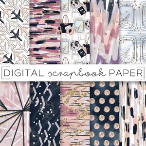 May include: Set of 10 digital scrapbook papers featuring travel-themed patterns in pink, blue, and gold. The patterns include airplanes, globes, and geometric shapes.