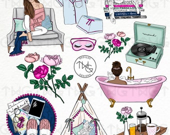 Chill Room Fashion Girl Clip Art Watercolor Clipart PNG Bath Spa Kitten Hand Drawn Babe Illustration Planner Sticker Graphics Basic License