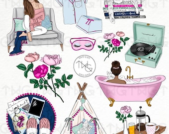 Chill Room Fashion Girl Clip Art Watercolor Clipart PNG Bath Spa Kitten Hand Drawn Babe Illustration Planner Sticker Graphics Basic License