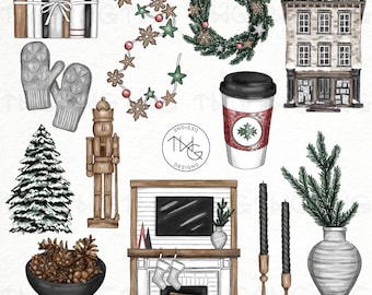 Holiday Home Decor Illustrated Clipart Digital Stickers Icons Fireplace Wreath Nutcracker Christmas Decoration Planner Icons Graphics Bundle