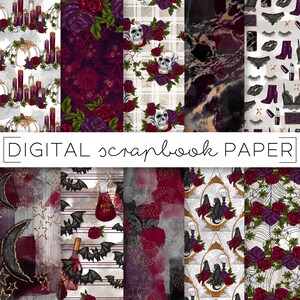 May include: Digital scrapbook paper featuring various gothic and Halloween-themed designs. Patterns include skulls, roses, bats, moons, and marble textures in shades of burgundy, black, and gold. The text "DIGITAL scrapbook PAPER" is displayed.