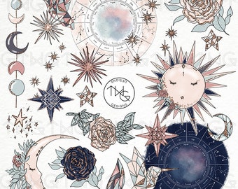 Zodiac Moon and Stars Fashion Girl Clip Art Clipart PNG Flowers Constellation Gold Glitter Hand Drawn Illustration Planner Sticker Graphics