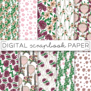 K&ouml;nnte beinhalten: Set mit 10 digitalen Scrapbook-Papieren mit Pariser Thema mit rosa und wei&szlig;en Blumenmustern, Hei&szlig;luftballons und dem Eiffelturm.