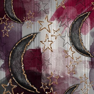 May include: A celestial-themed pattern featuring crescent moons and stars. The moons are black with gold trim, and the stars are gold with a dotted pattern. The background has watercolor-style washes of burgundy, gray, and white, with vertical stripes.