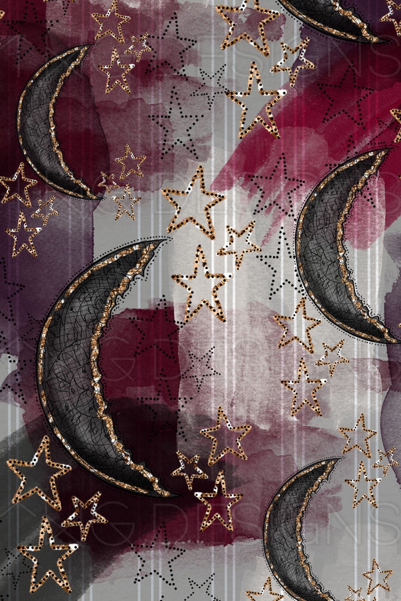 May include: A celestial-themed pattern featuring crescent moons and stars. The moons are black with gold trim, and the stars are gold with a dotted pattern. The background has watercolor-style washes of burgundy, gray, and white, with vertical stripes.