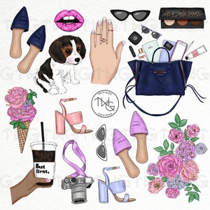 Fashion Blogger Lifestyle Instagram Girl Clip Art Watercolor Clipart PNG Style Style Flowers Lips Hand Drawn Planner Sticker Graphics Scene