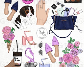 May include: A digital illustration of a collection of items including a pair of blue shoes, a pair of pink sandals, a pair of blue sandals, a pair of pink sandals, a pair of sunglasses, a pair of white sunglasses, a makeup palette, a handbag, a bouquet of pink roses, a bouquet of white roses, a cup of coffee, a camera, a dog, a hand with painted nails, a pair of lips, and a cone of ice cream.